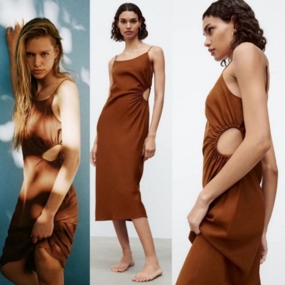 Zara Dresses & Skirts - 2. NWT Zara Midriff Cutout Linen Blend Brown Midi Dress, Size M